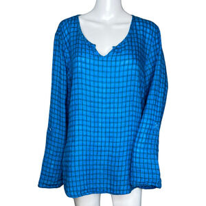 Flax Tunic M Turquoise Blue Plaid Lagenlook Minimalist Art Blouse Coastal Granny
